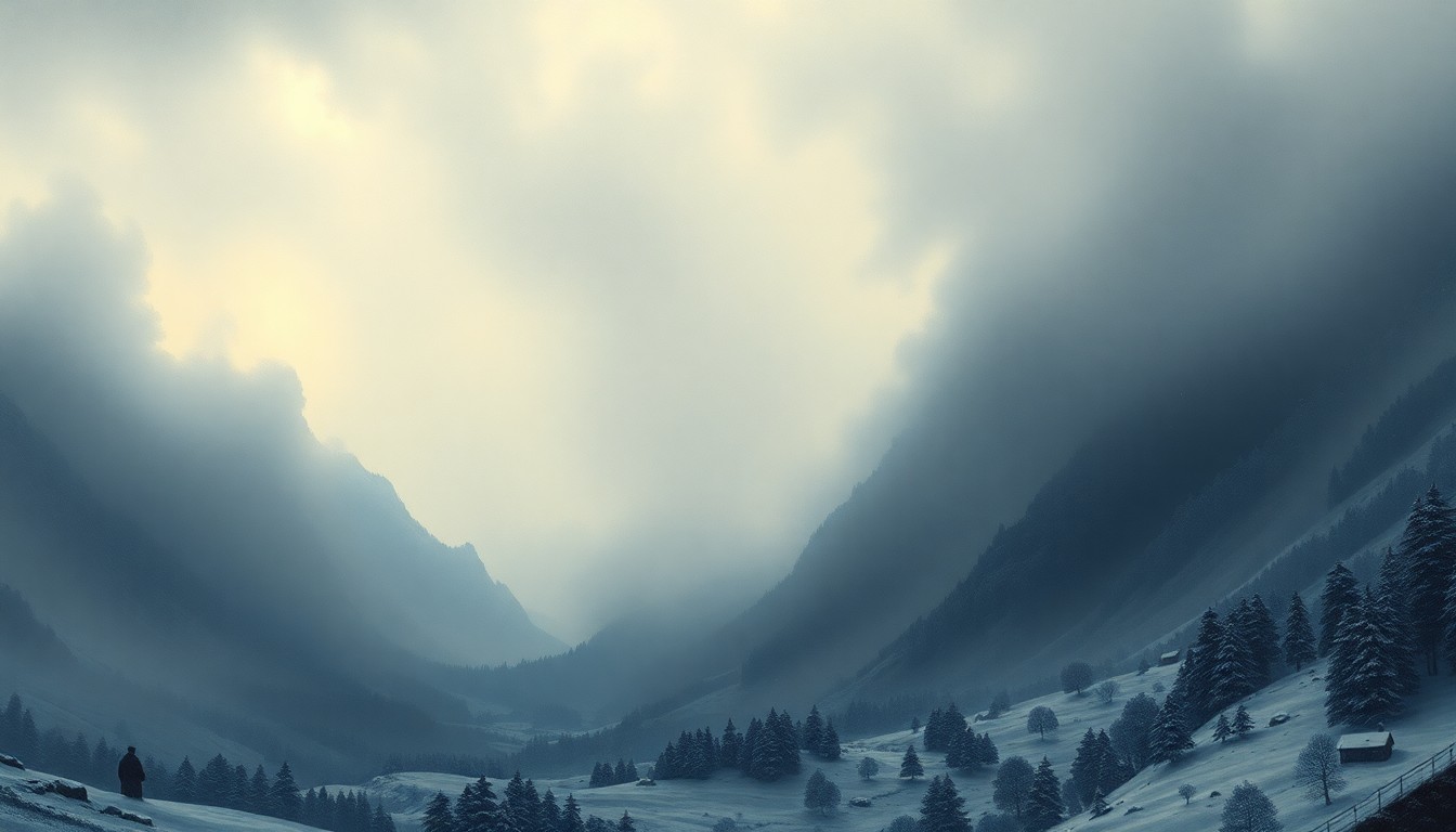A sweeping, atmospheric landscape painting in muted tones of gray, white, and blue, depicting a heavy snowstorm enveloping a remote, mountainous region, with only the faintest outlines of trees and structures visible through the swirling snow.