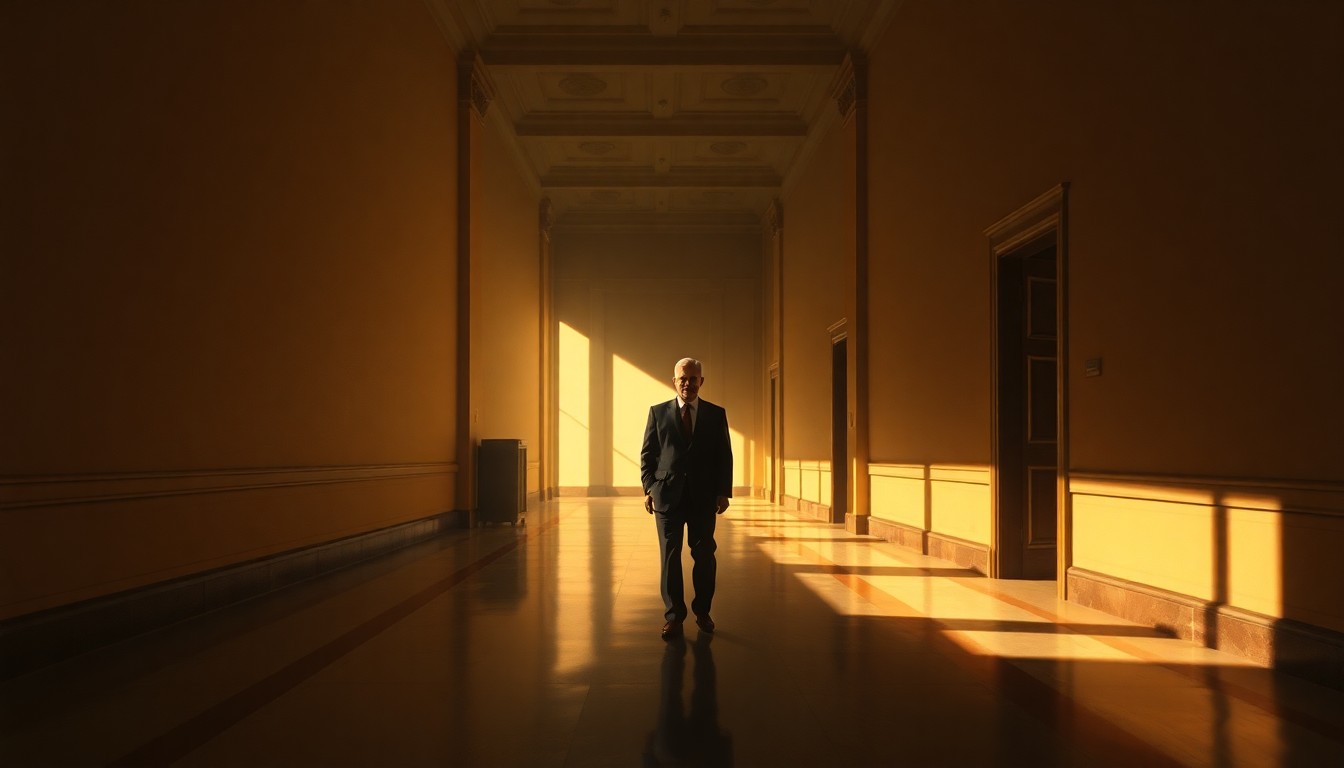 A cinematic painting depicting a lone political figure standing in an empty government building hallway, the space bathed in warm, diagonal sunlight and deep shadows, conveying a sense of contemplation and solitude.