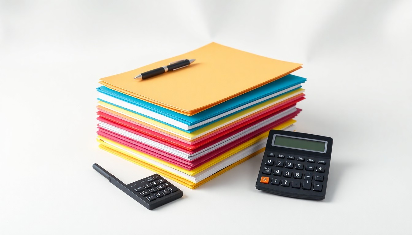 A minimalist studio still life photograph featuring a stack of colorful file folders, a pen, and a calculator arranged on a clean white background, symbolizing the administrative and financial support the Credit Union of Colorado Foundation provides to local nonprofits.