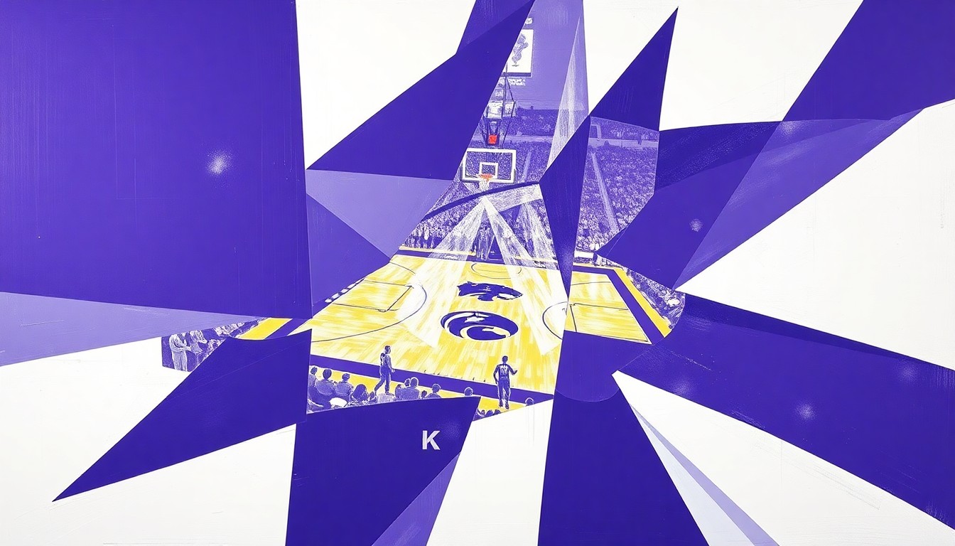 A cubist-style painting featuring sharp, overlapping geometric shapes in the colors of the Kansas State Wildcats, representing the disruption caused by a key player's transfer from the college basketball team.
