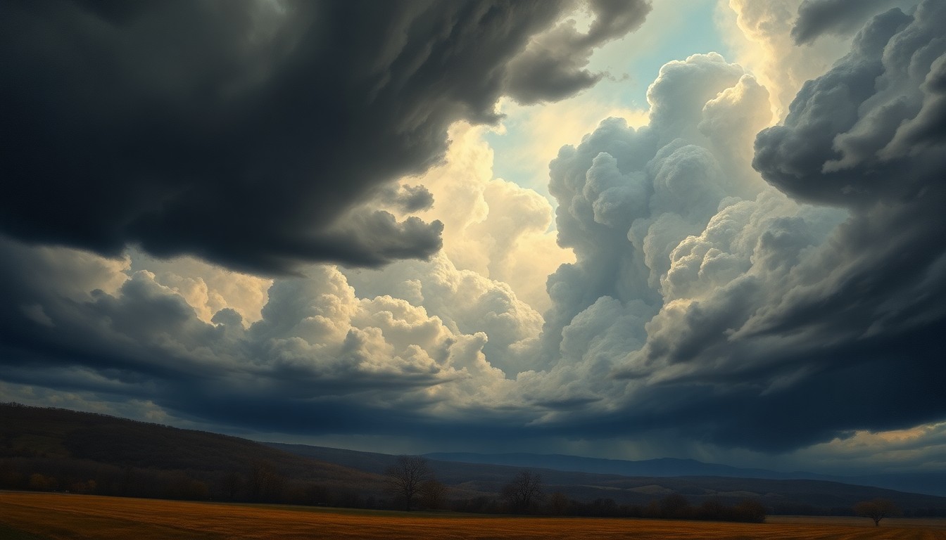 A sweeping, dramatic landscape painting in muted tones of grey, blue, and green, with heavy storm clouds dominating the sky and casting an ominous shadow over the rural Charlotte scenery below.