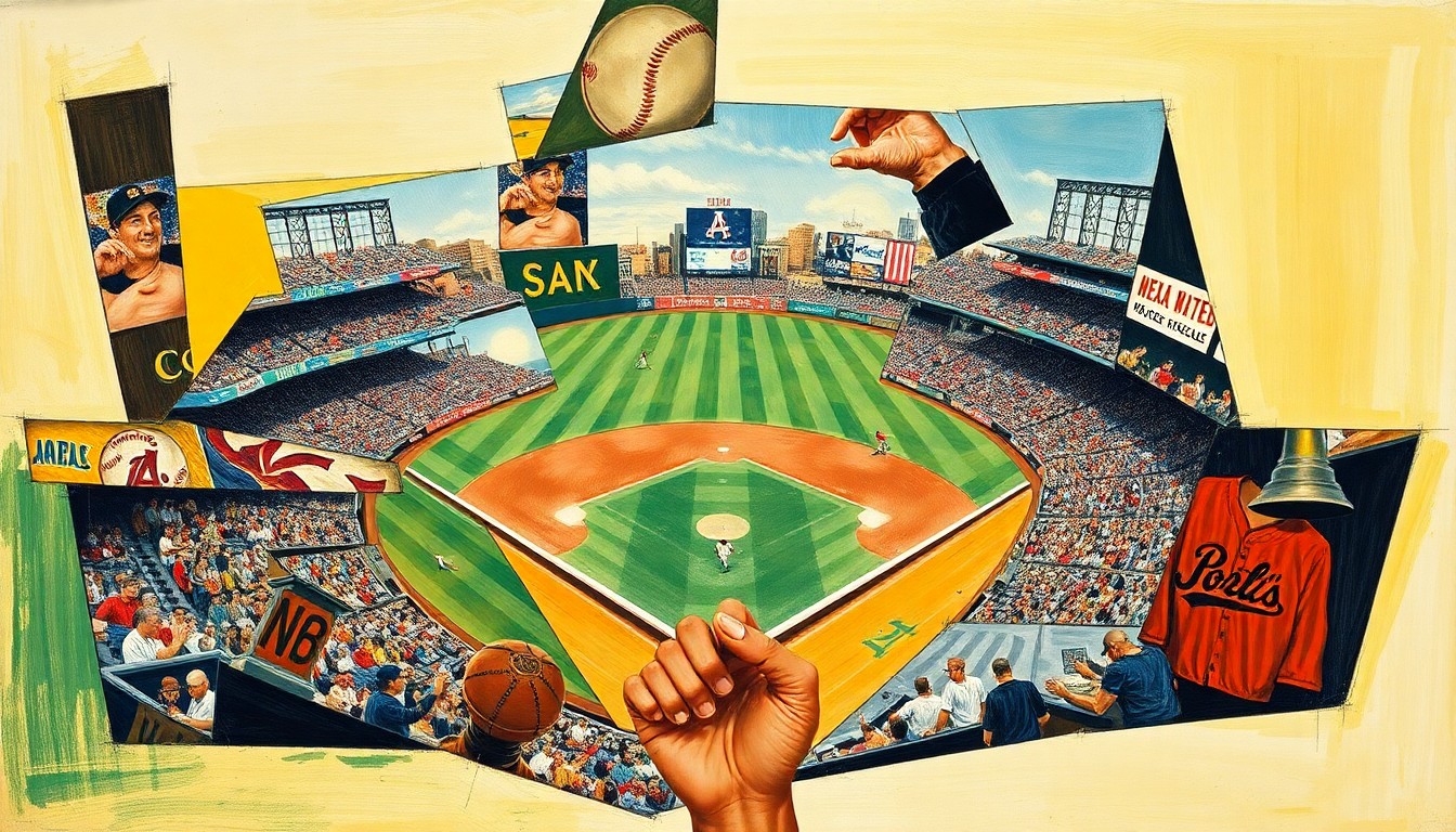 A cubist, geometric painting depicting a fragmented baseball game, with sharp, overlapping shapes and planes representing the action on the field.