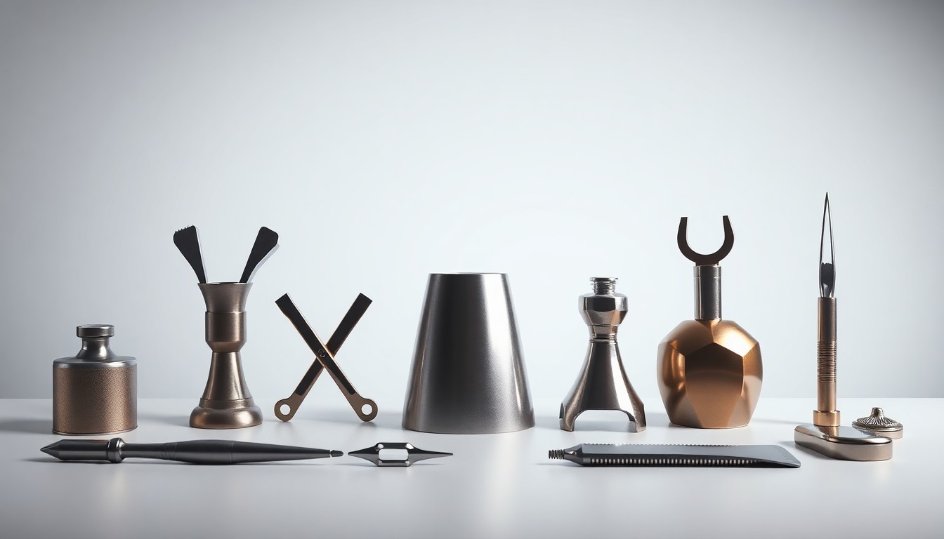 A high-end, photorealistic studio still-life photograph featuring a collection of polished, geometric objects such as a briefcase, a laptop, and a pair of work gloves, arranged elegantly on a clean, monochromatic background to symbolize the tools and resources available to job seekers at the Solano Workforce Development Board's career fair.