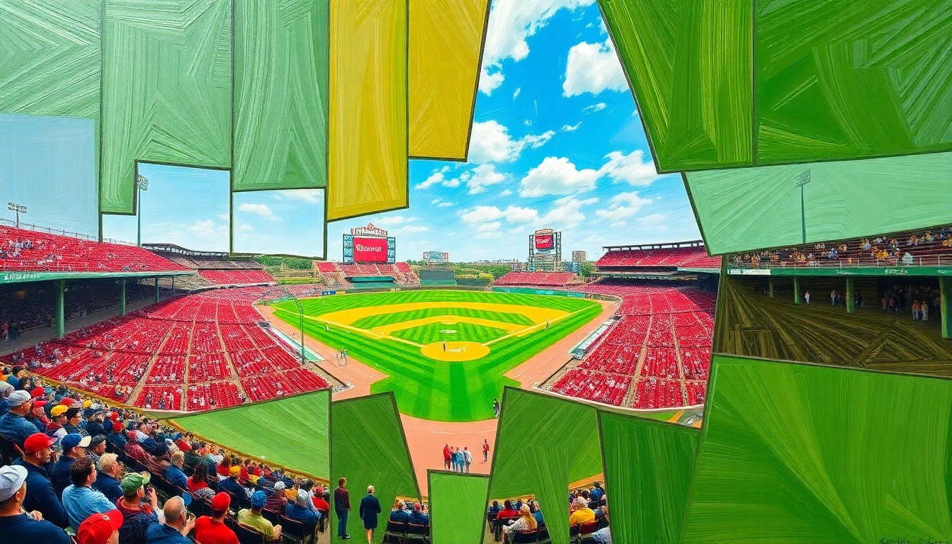 A cubist, geometric painting depicting a baseball game at Fluor Field, with the field, stands, and sky broken down into sharp, overlapping planes of color.