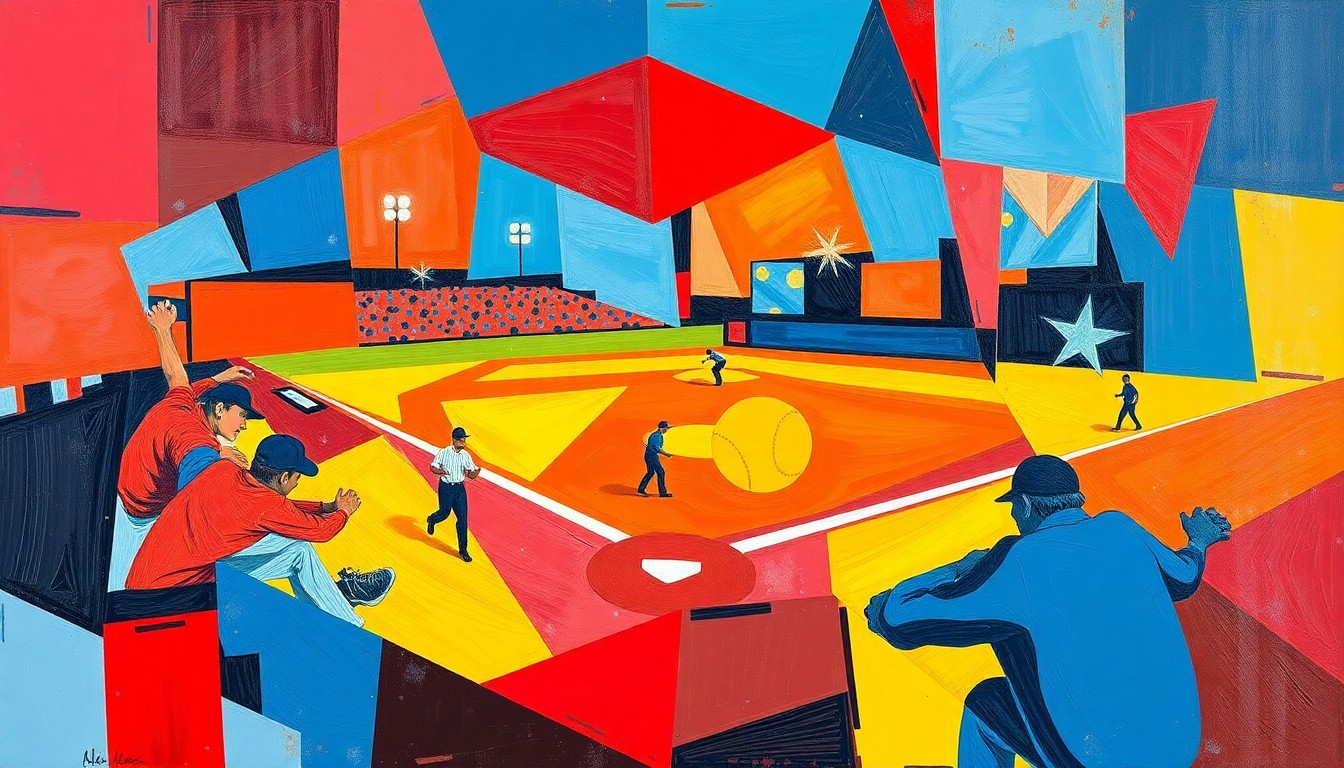 A cubist-inspired painting depicting a softball game, with the players and field broken down into sharp, geometric shapes in a vibrant color palette, capturing the dynamic energy of the sport.