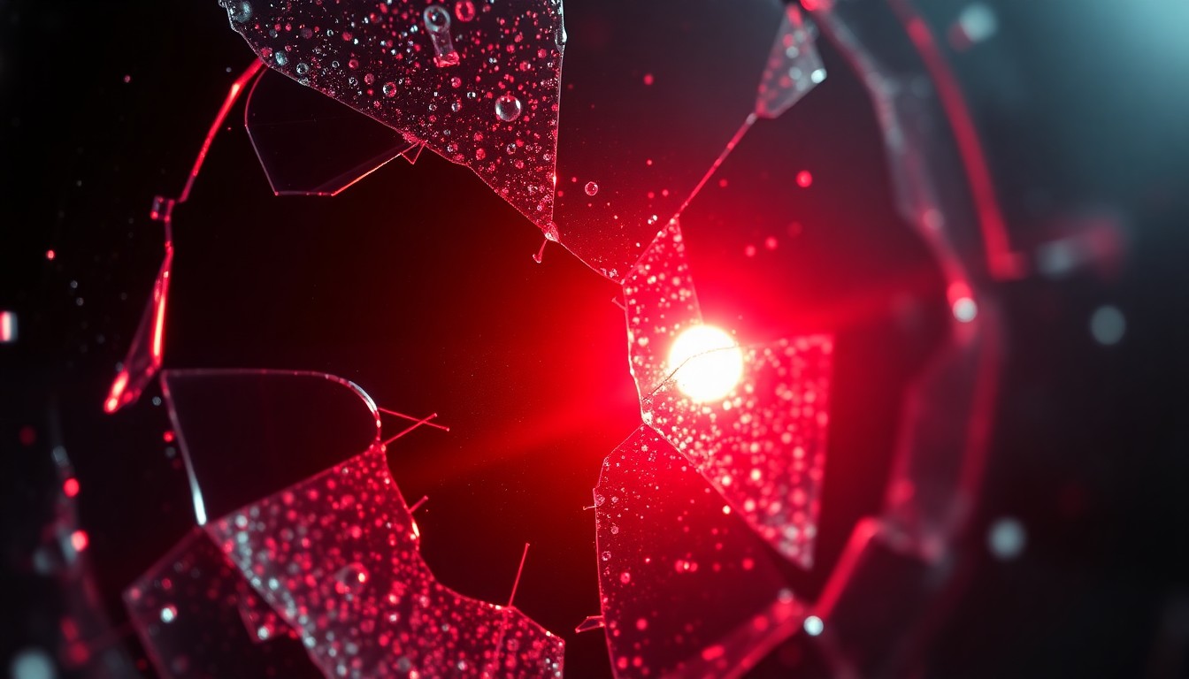 An abstract close-up photograph of shattered, glittering glass reflecting a faint red light, conveying the high-end visual quality and immersive atmosphere of the 2019 Call of Duty game.