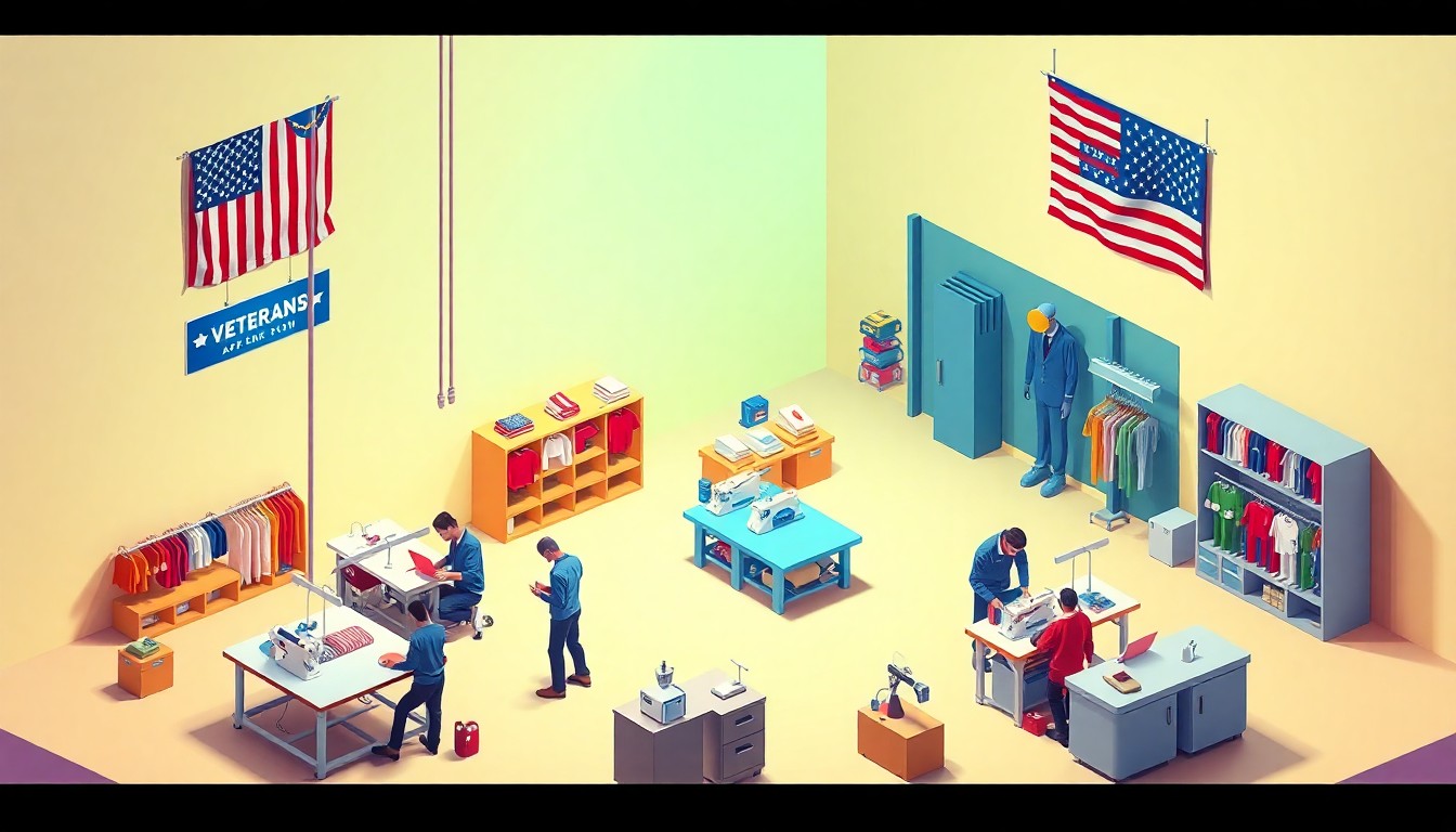 A clean, modern isometric 3D digital illustration depicting a miniature, stylized scene of a veteran-owned apparel manufacturing facility, with workers assembling clothing on the factory floor against a pastel background with soft studio lighting and bold colors, conceptually representing the values-driven ethos of the Nine Line Apparel brand.