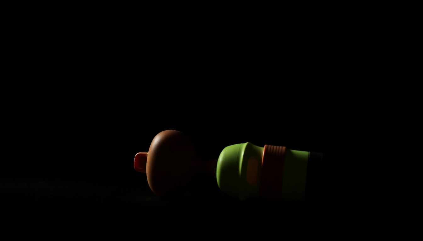 An extreme close-up photograph of a small, worn stuffed animal against a pitch-black background, dramatically lit by a harsh camera flash to create a stark, gritty, investigative aesthetic.