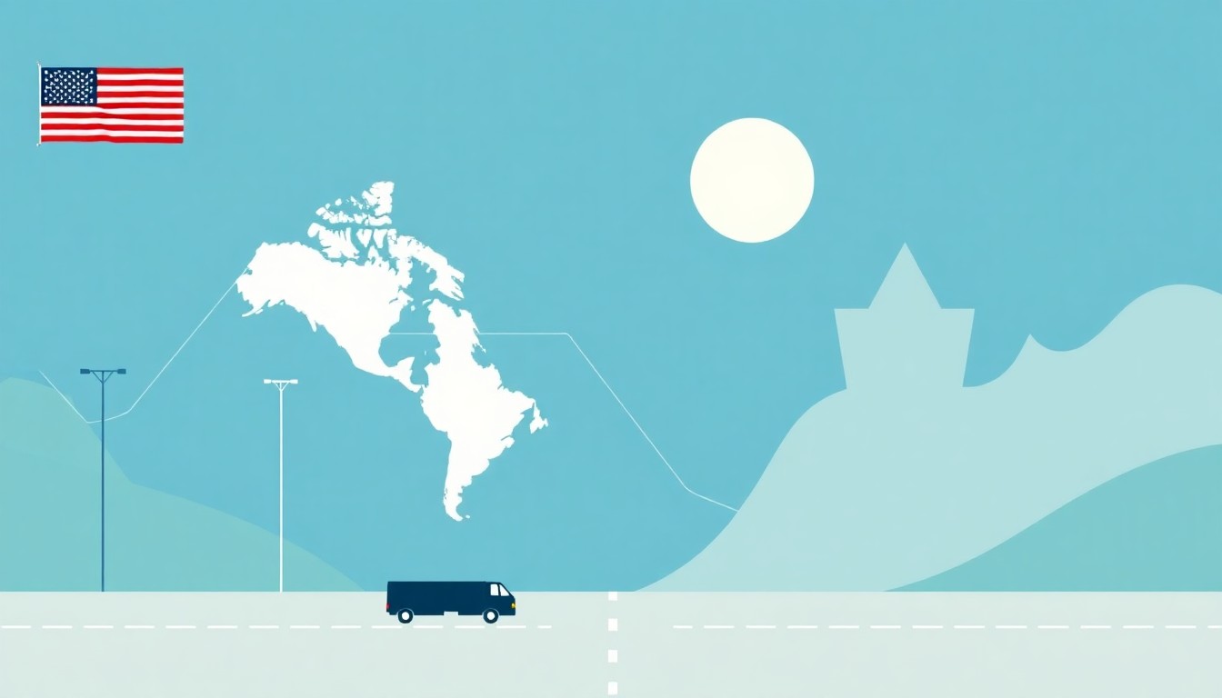 An abstract geometric illustration in muted tones of blue, grey, and green, using clean lines and bold shapes to conceptually represent the economic uncertainty and decline in cross-border travel and trade between the U.S. and Canada.