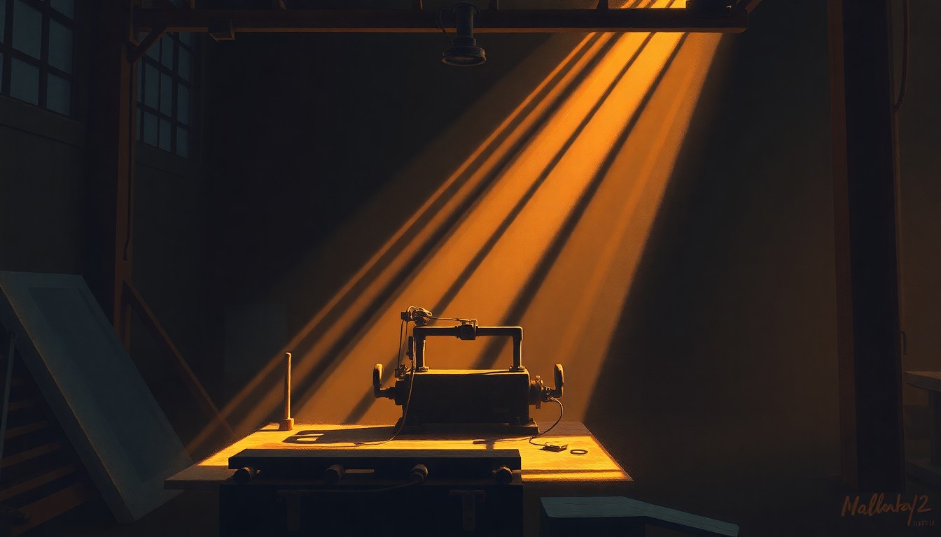 A photorealistic painting of a large metal fabrication machine sitting alone in a dimly lit industrial workshop, with warm sunlight streaming in through a window and casting deep shadows across the machine's surface.