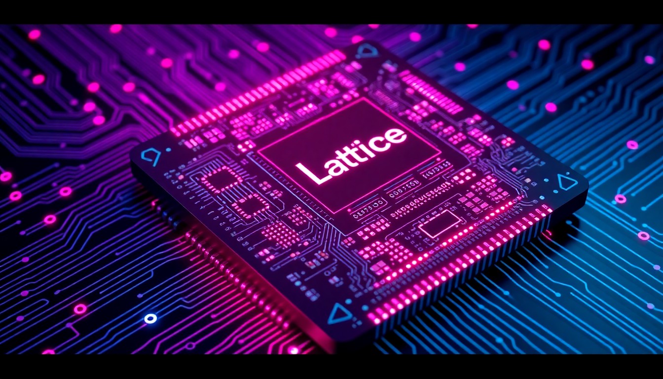 A highly detailed, glowing 3D illustration of a Lattice Semiconductor FPGA chip with intricate circuit patterns and neon cyan and magenta lights, conceptually representing the company's advanced cybersecurity hardware.