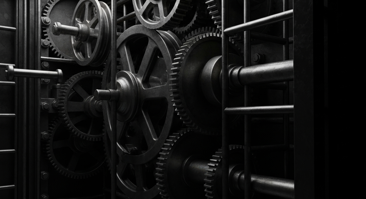 An extreme close-up of intricately engineered banking machinery, conveying the secure and powerful infrastructure of global finance.