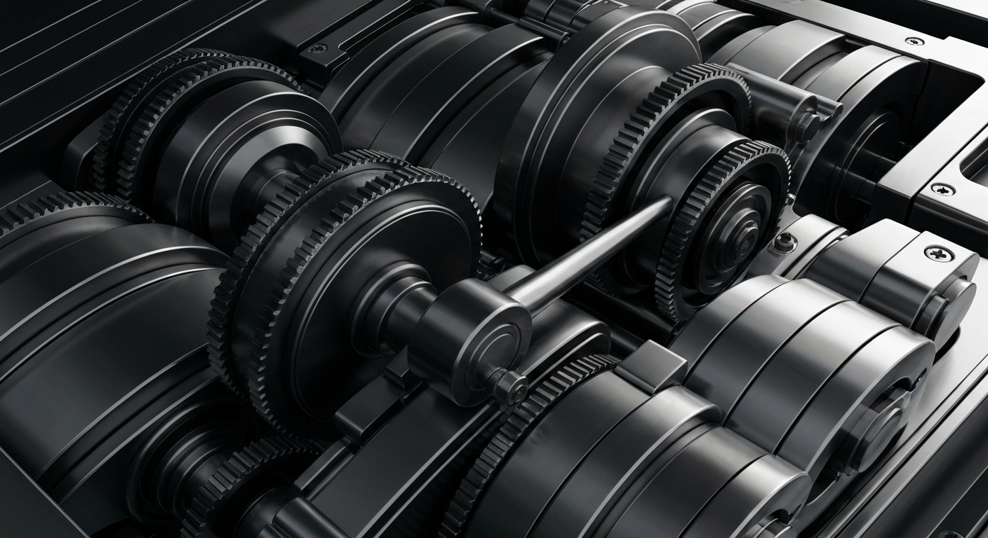 A cinematic close-up of intricate, industrial-looking banking machinery and mechanisms, conveying a sense of the complex financial systems that underpin the insurance and financial services sector.