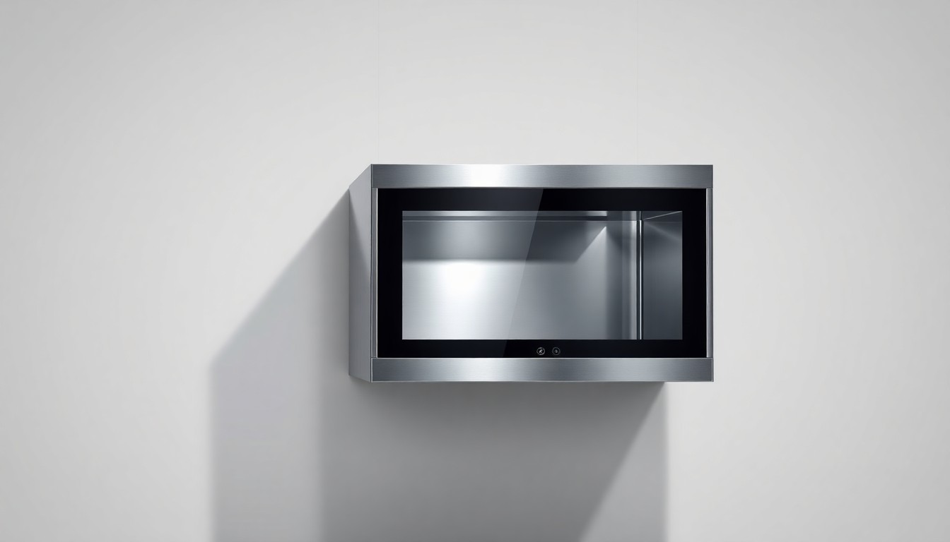 A photorealistic studio still-life image of a sleek, modern commercial kitchen appliance made of polished stainless steel and glass, floating on a clean, monochromatic background with dramatic lighting and sharp shadows, conceptually representing the technological advancements in the foodservice industry.