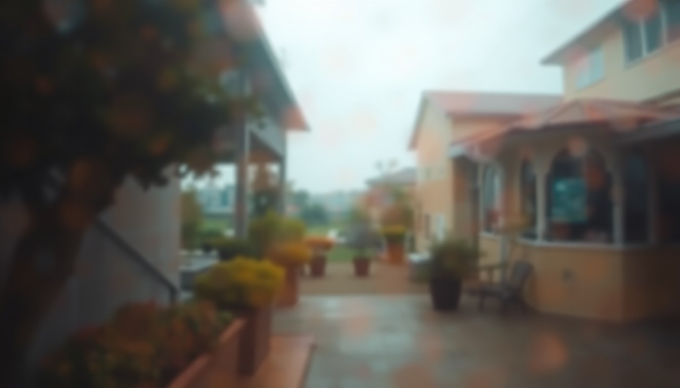 An impressionistic, out-of-focus scene of an outdoor garden with blurred architectural elements, conveying a sense of tranquility and artistic expression.