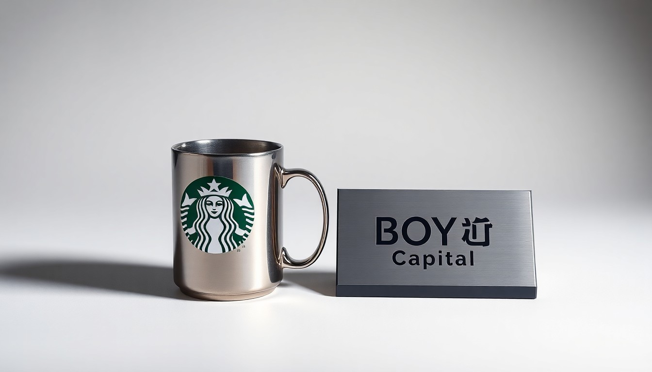 A minimalist, high-end studio still-life photograph featuring a polished metal Starbucks coffee mug and a sleek, geometric Boyu Capital logo plaque, arranged elegantly on a clean, monochromatic background with dramatic lighting and shadows, conceptually representing the strategic alliance between the two companies.