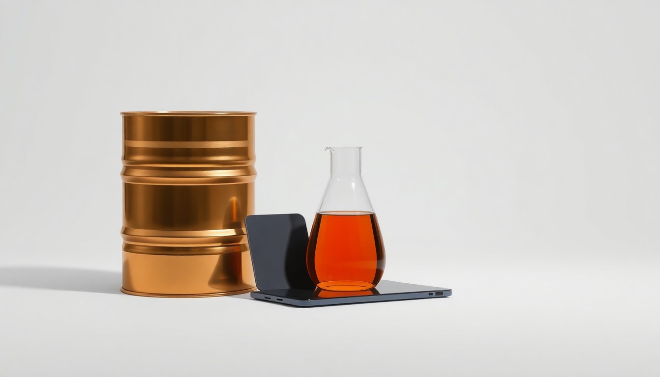 A photorealistic studio still life featuring a polished metal oil barrel, a glass beaker, and a sleek black tablet device, arranged elegantly on a clean, monochromatic background to conceptually represent the energy industry's financial and technological aspects.