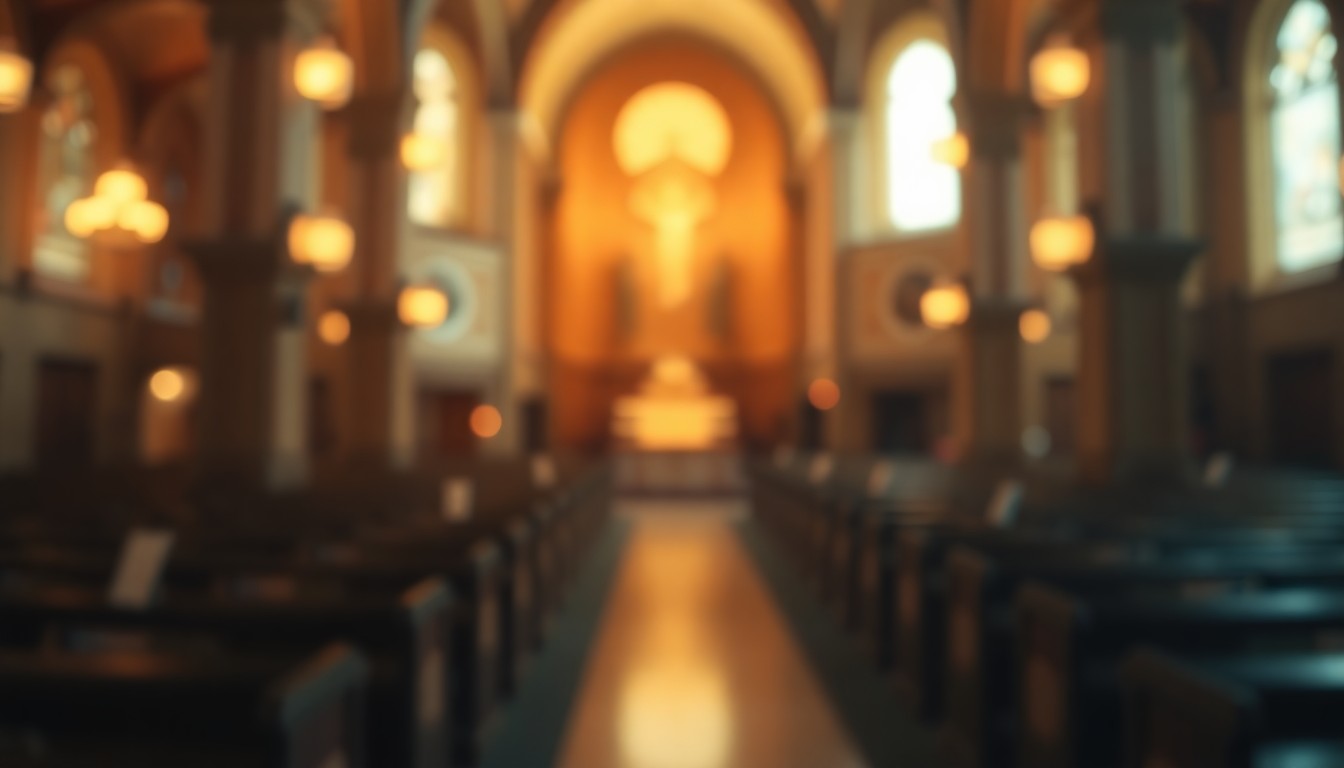 An extremely abstracted, out-of-focus photograph of a church interior, with soft, warm pools of light and color creating a contemplative, spiritual atmosphere.