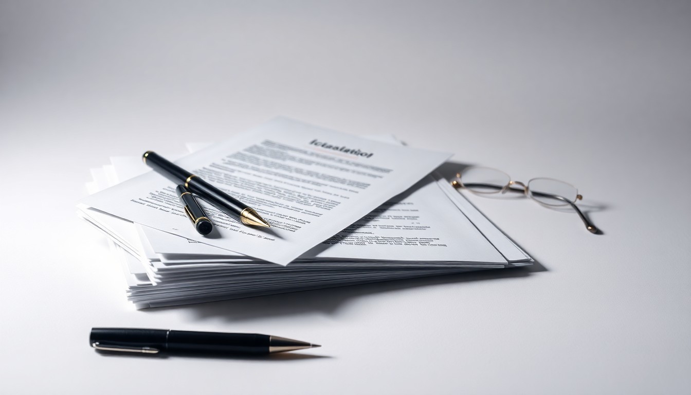 A minimalist studio still life featuring a stack of legal documents, a pen, and a pair of reading glasses, symbolizing the precision and expertise required in financial litigation.