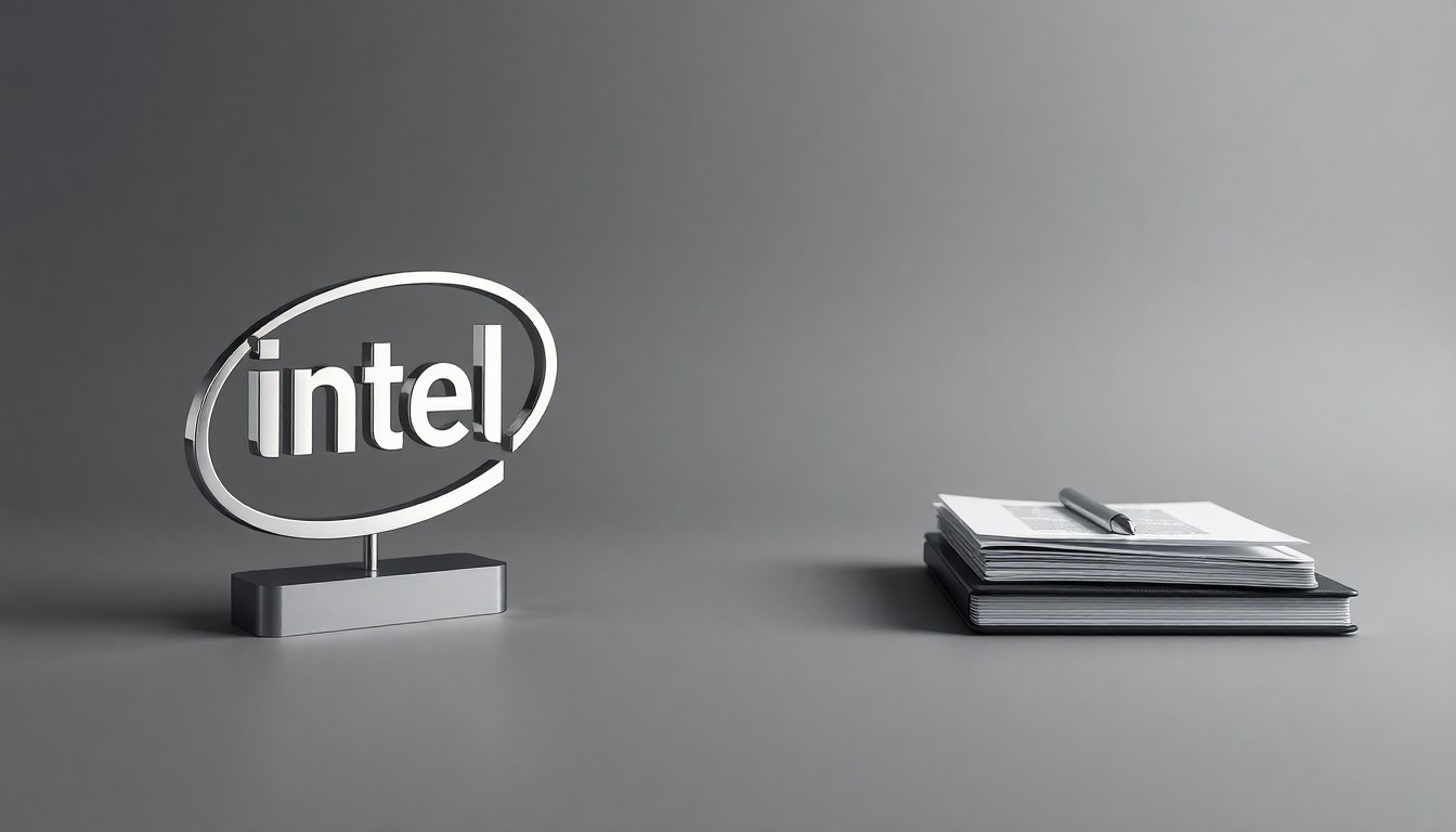 A minimalist studio photograph featuring polished metal, sleek electronics, and legal documents, symbolizing Intel's focus on corporate strategy, compliance, and innovation.
