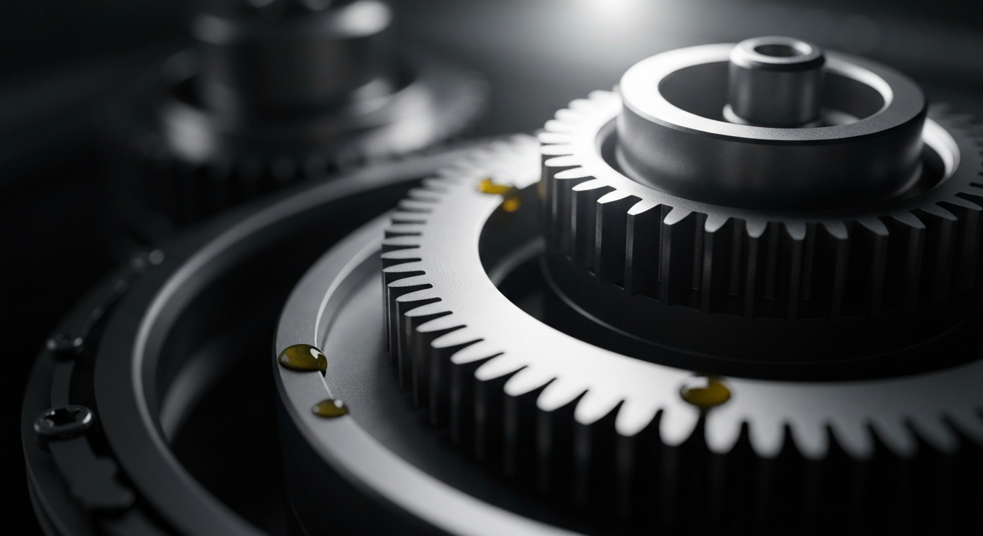 An extreme close-up of a complex array of metal gears and machinery, representing the intricate financial operations of a technology consulting firm.