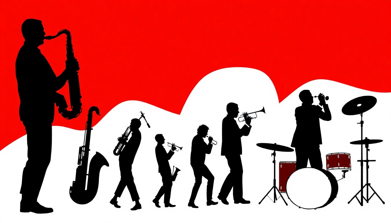 An abstract, minimalist illustration featuring jagged black silhouettes of jazz instruments against a high-contrast red and white background, conceptually representing the energy and creativity of the Emory Jazz Combos' outdoor performance.