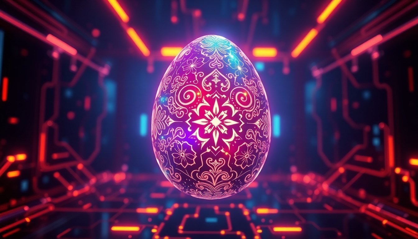 A highly detailed, glowing 3D illustration of a virtual Easter egg decorated with intricate cyberpunk-inspired patterns and neon lights, floating against a dark background of pulsing digital infrastructure, conceptually representing the innovative digital Easter experiences from YouCam.