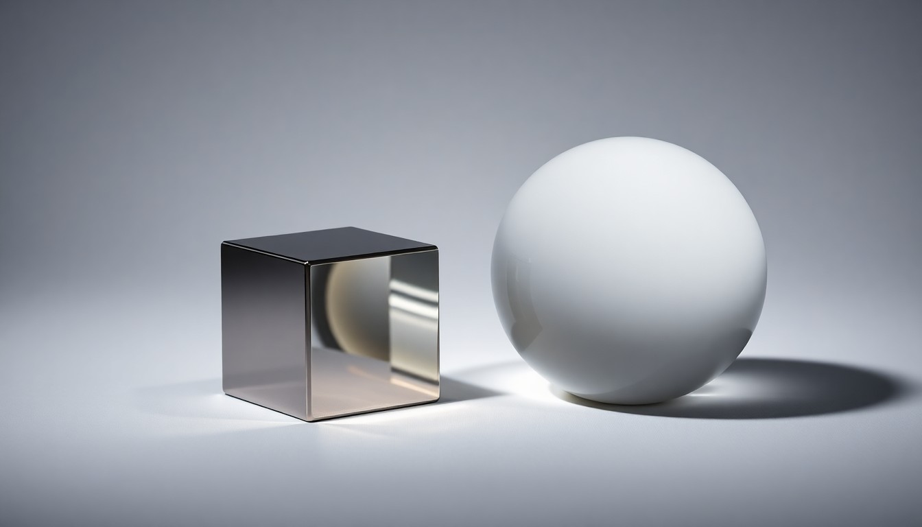 A minimalist, photorealistic studio still life featuring a polished metal cube and a smooth glass sphere, conceptually representing the financial and strategic aspects of Intrepid Potash's asset sale.