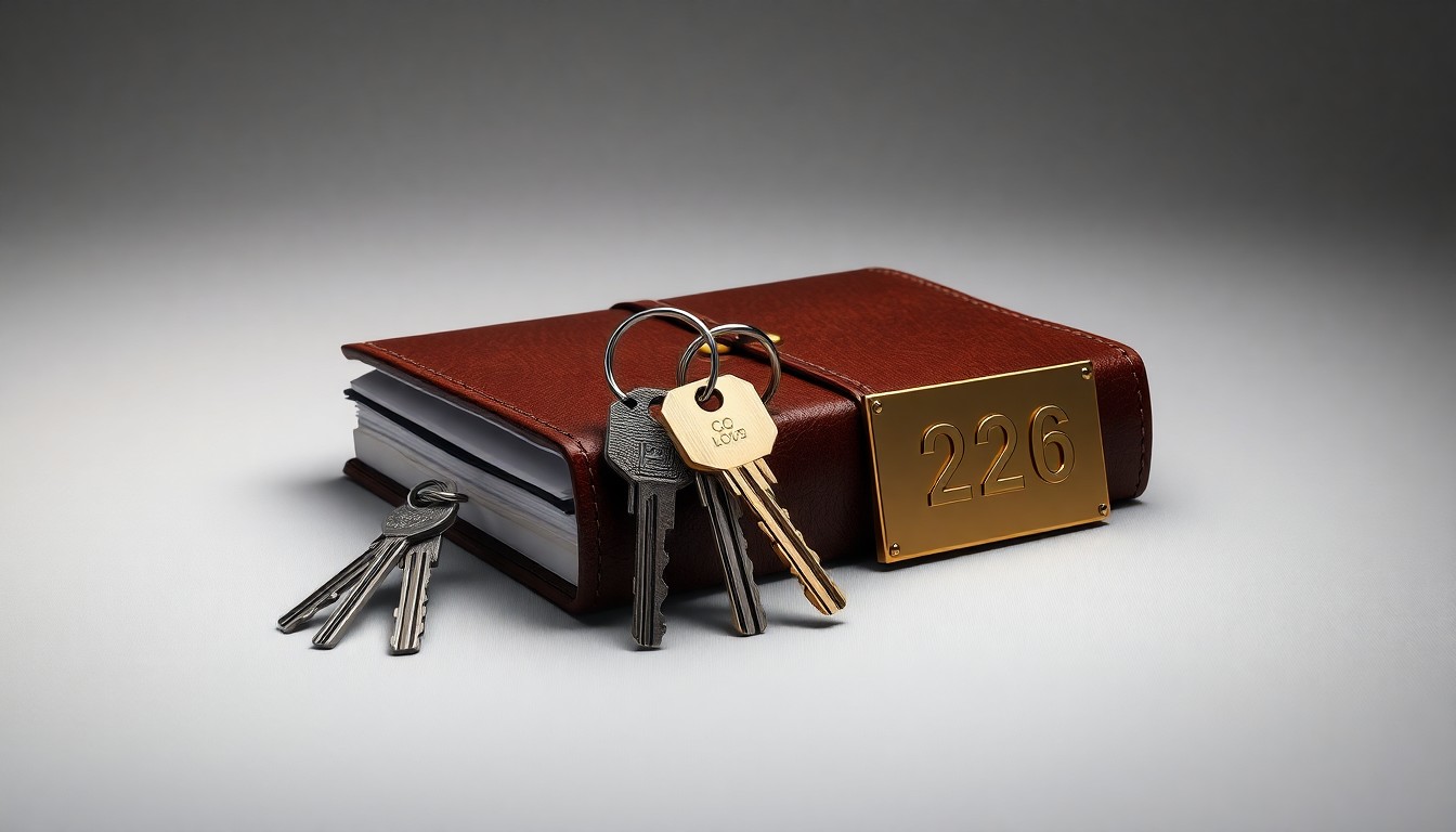 A high-end, photorealistic studio still-life featuring a stack of polished metal hotel keys, a leather-bound ledger, and a single gold-plated hotel room number plaque, conceptually representing the abstract financial performance of the hospitality industry.