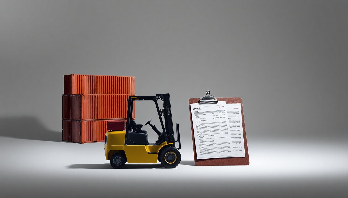 A photorealistic studio still life featuring a stack of shipping containers, a forklift, and financial documents, conceptually representing the logistics and financial aspects of Lineage's business.