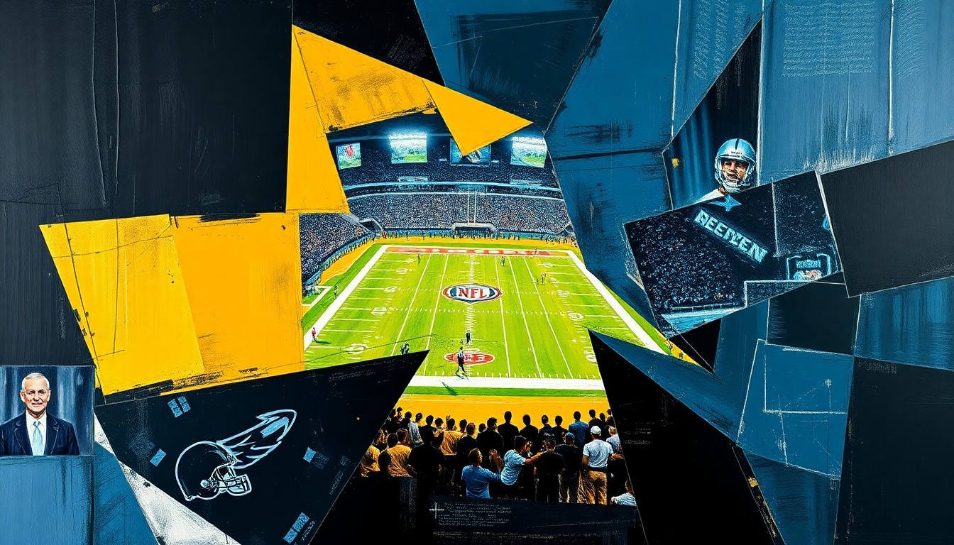 A cubist, geometric painting depicting a fragmented, multi-angled view of a football game or NFL Draft event, with sharp planes of black, gold, and steel blue colors.
