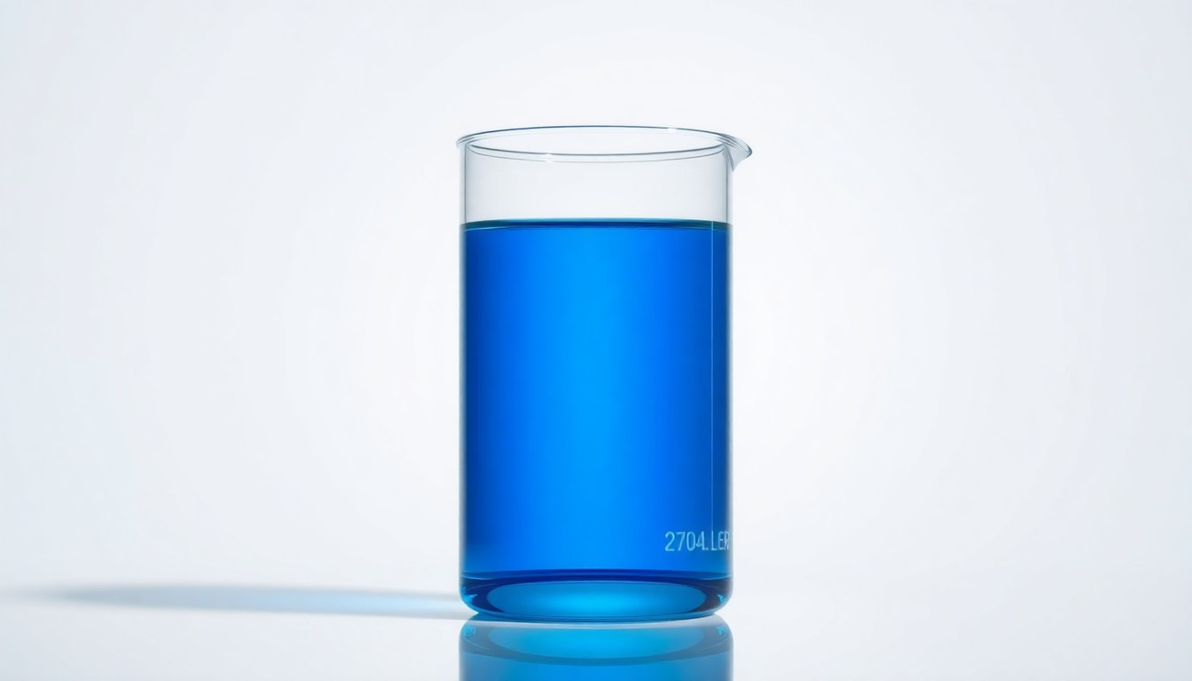 A photorealistic studio still life featuring a sleek, polished glass beaker filled with a vibrant blue liquid, representing the advanced biotechnology and scientific innovation of the EpiVax acquisition.