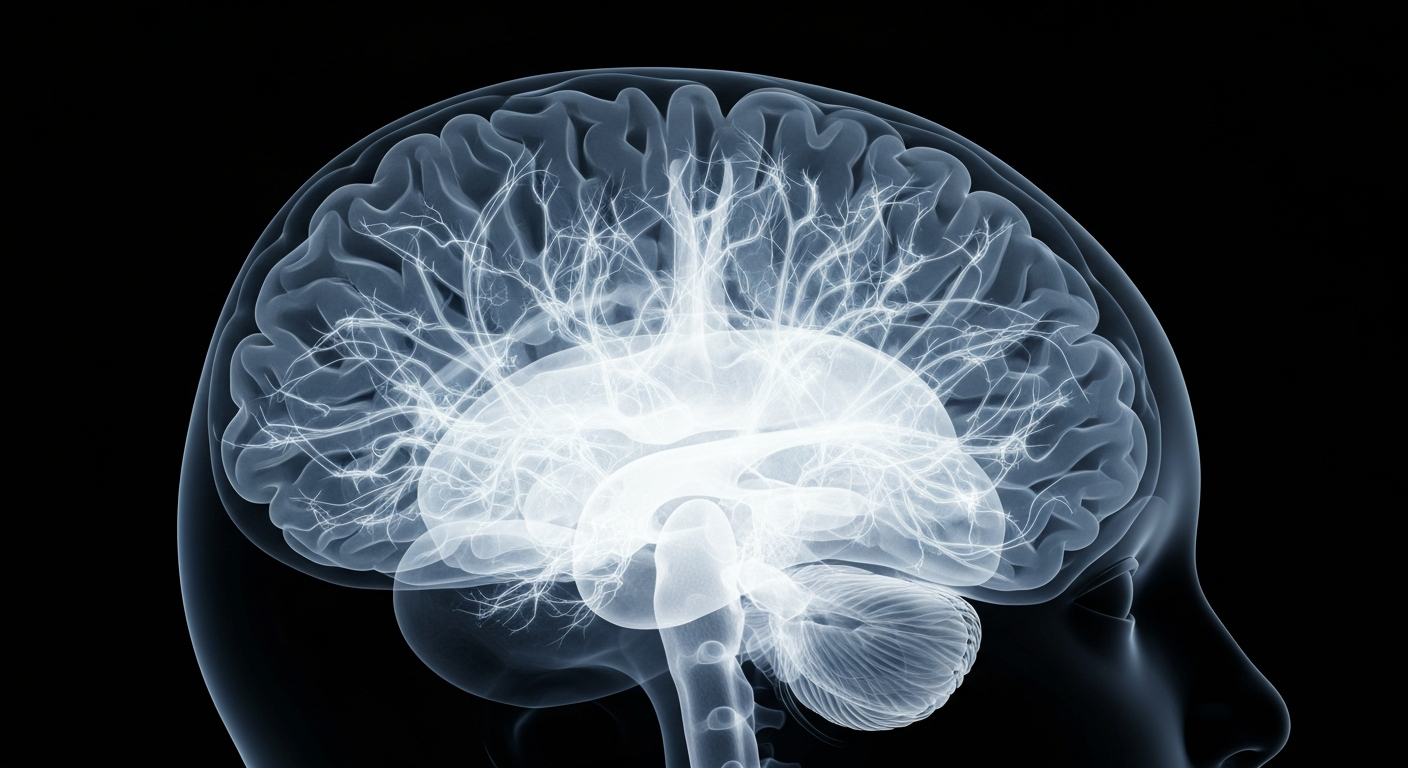 A ghostly, translucent X-ray image of a human brain, with delicate neural pathways and structures glowing against a dark background, conceptually representing the importance of research and treatment for brain injuries.