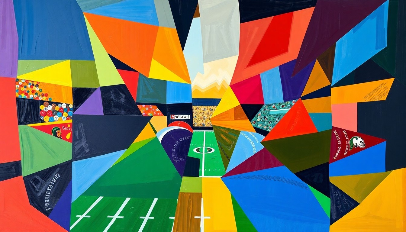 A fragmented, cubist-style painting depicting a college football game, with sharp geometric shapes in the team colors of the competing schools overlapping and intersecting to create a dynamic, abstract visual representation of the high-stakes matchup.