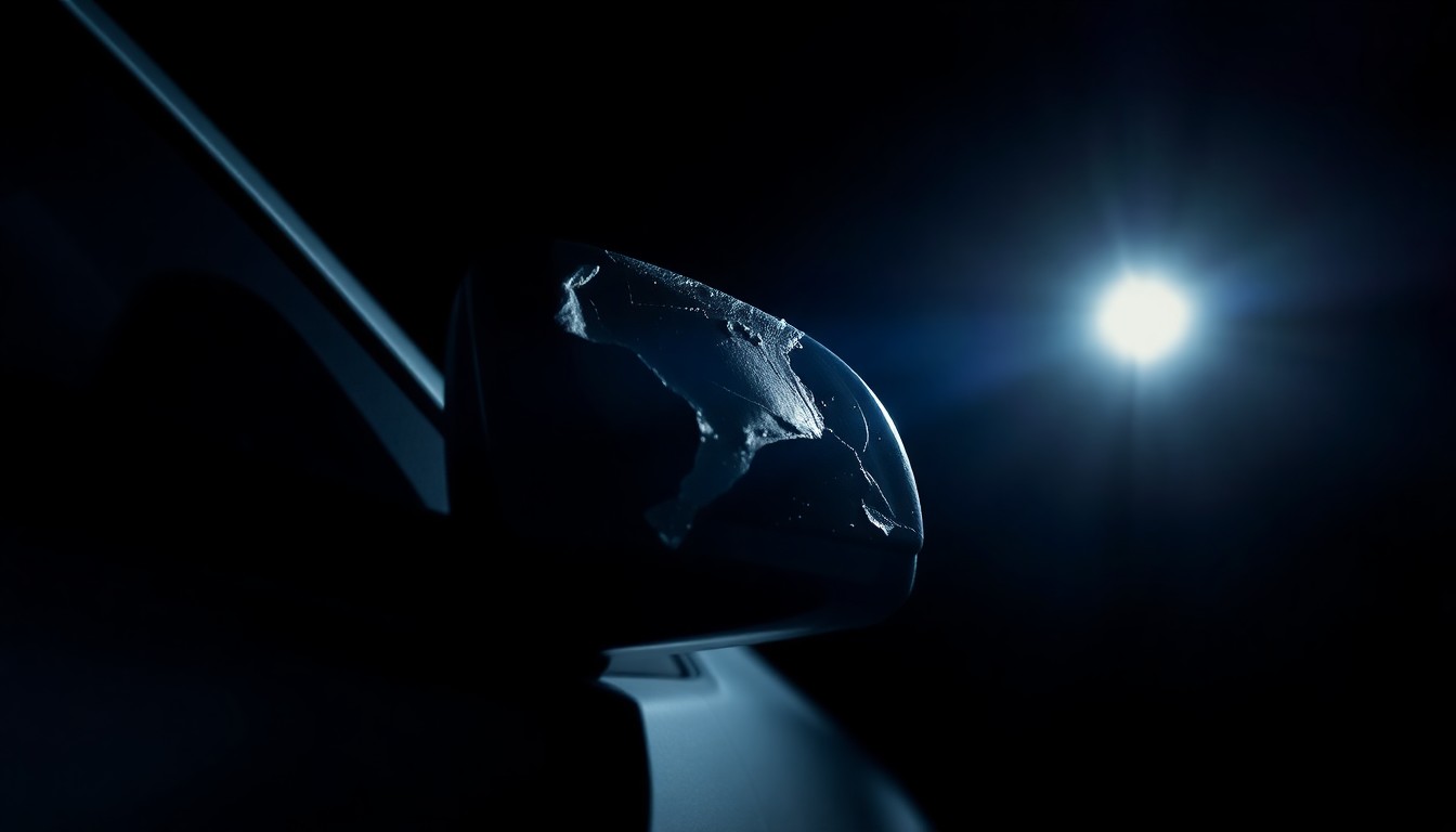 An extreme close-up of a damaged car side mirror reflecting a faint red light, conceptually illustrating the violence of the alleged attack.