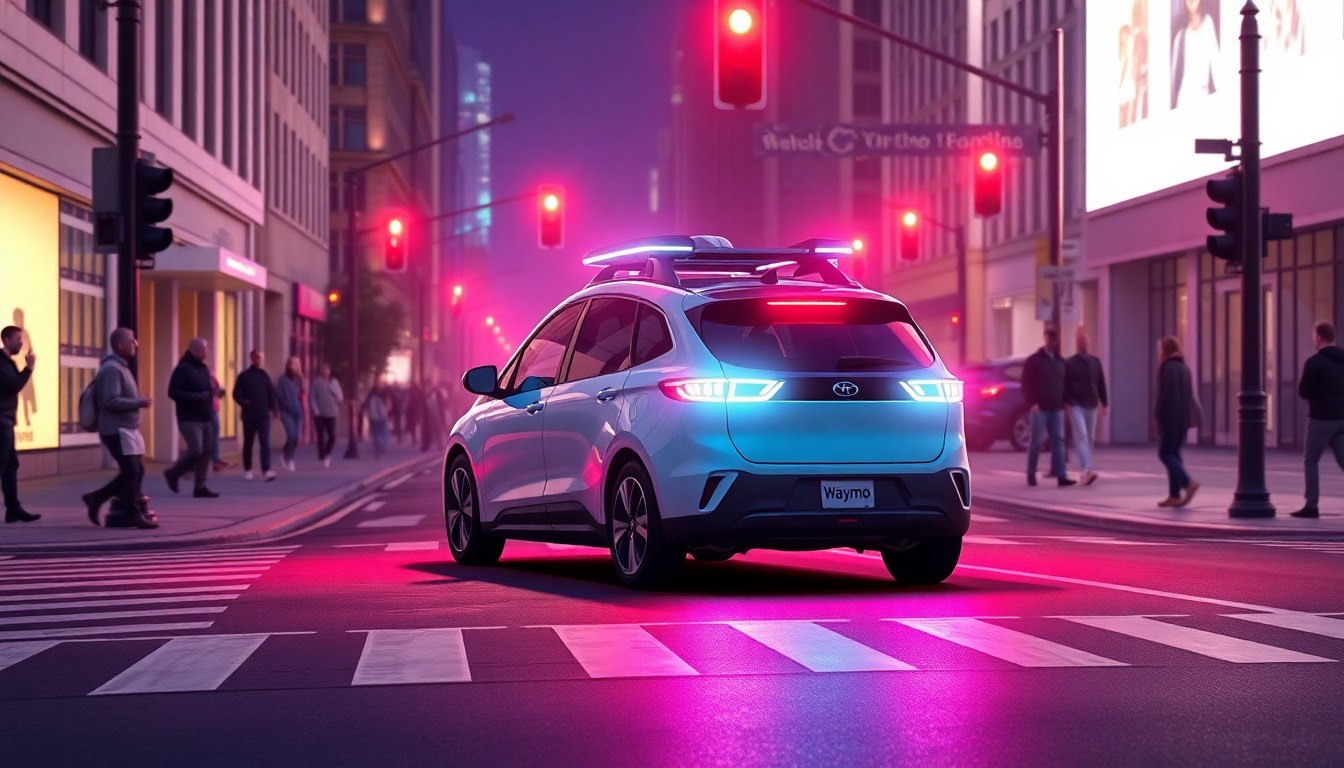 A highly detailed, 3D rendered illustration of a glowing, neon-lit Waymo autonomous vehicle driving the wrong way down a one-way street, surrounded by pedestrians, traffic signals, and other vehicles. The vehicle's sensors and lights are illuminated, creating a sense of digital infrastructure and cybernetic technology.