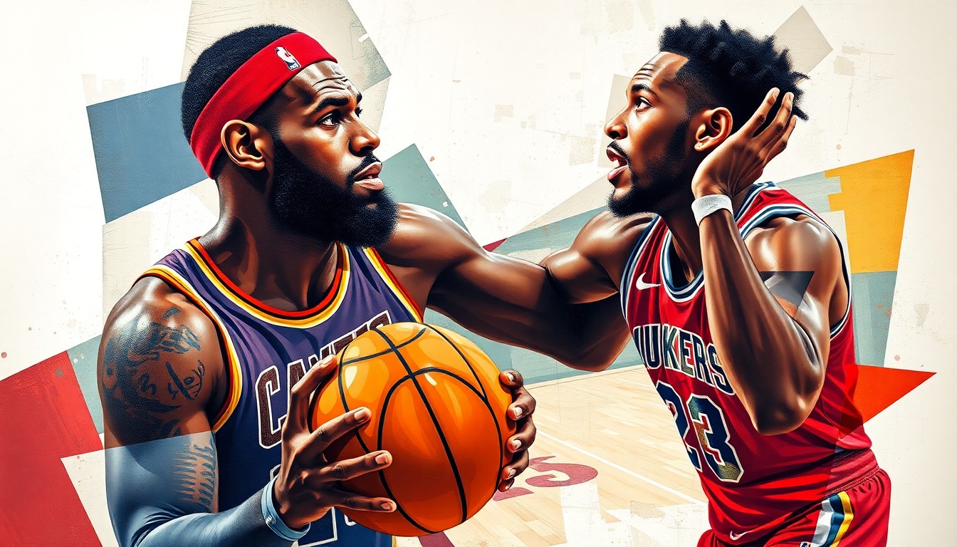A cubist, geometric painting depicting a basketball game with overlapping, fragmented shapes and planes of color, representing the unique dynamic of LeBron and Bronny James playing together on the same team.