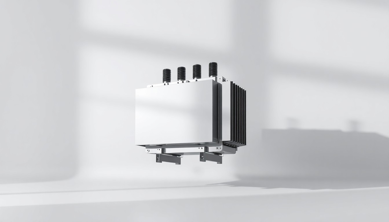 A highly detailed, photorealistic studio photograph of a metallic power transformer or electrical substation component floating on a clean, white background, dramatically lit to create sharp shadows and a sense of technological sophistication.