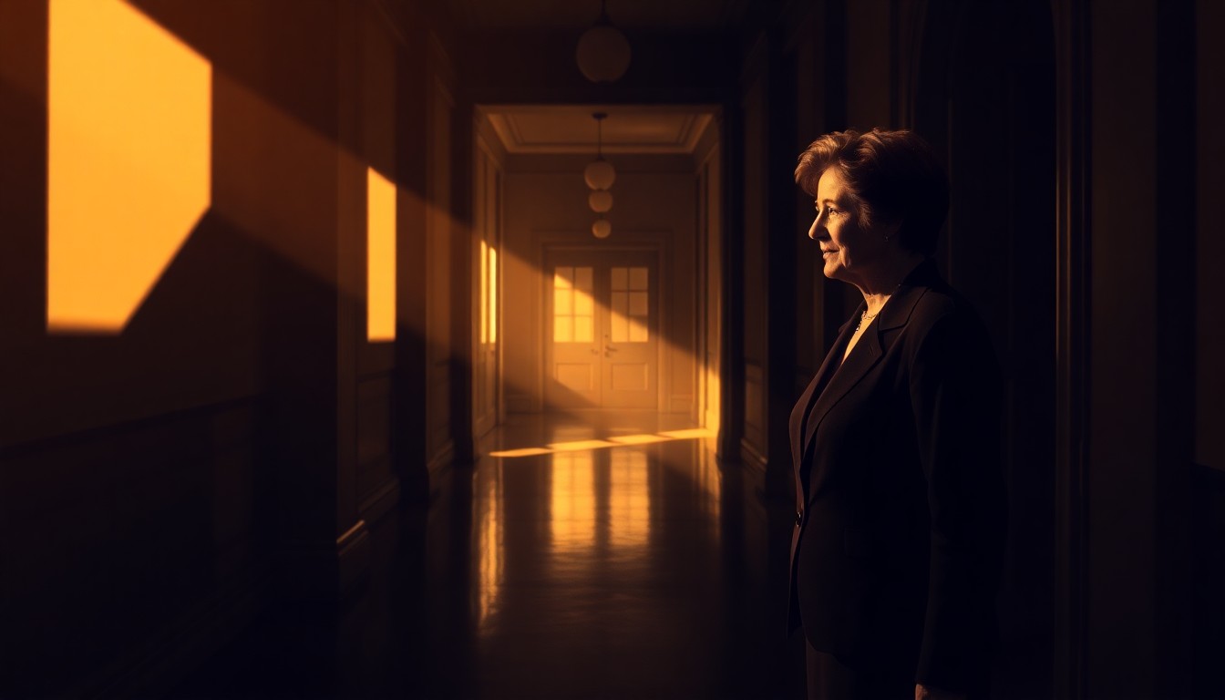 A dimly lit, cinematic painting of a lone woman standing in a government building hallway, bathed in warm, diagonal sunlight and deep shadows, conceptually representing the pioneering political career of Jeannette Rankin, the first woman elected to the U.S. Congress.