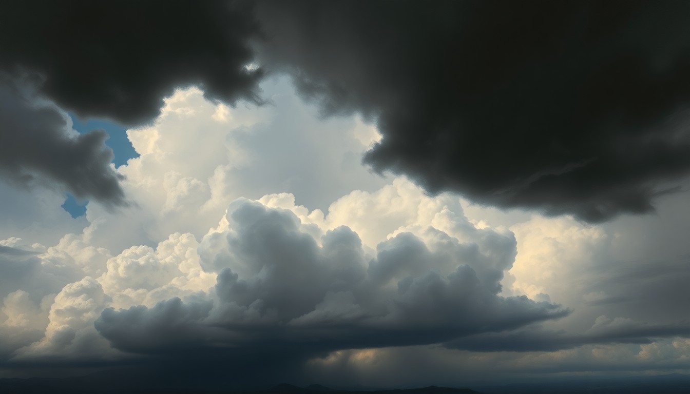 A sweeping, atmospheric landscape painting in muted tones of gray, blue, and white, depicting a stormy sky with heavy, dramatic clouds obscuring the horizon, conveying the overwhelming scale and power of an approaching weather system.