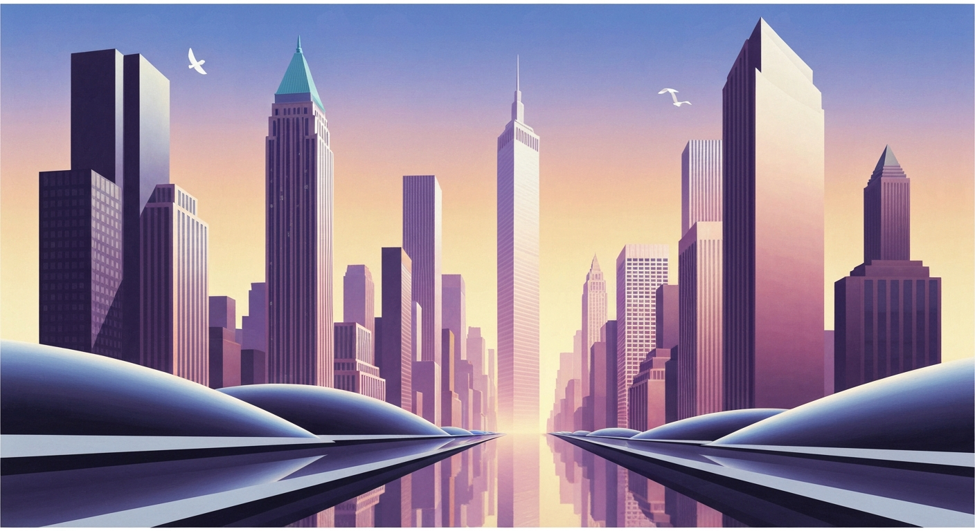 A highly stylized, geometric illustration depicting the towering skyscrapers of New York City in a bold, Art Deco-inspired visual style, conveying the grand scale and romance of travel without any literal depiction of people or text.