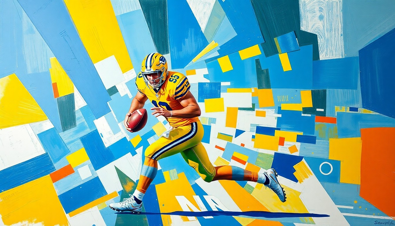 A cubist-style painting depicting a football player in motion, broken down into sharp, overlapping geometric shapes in the colors of maize and blue, conceptually representing the recruiting push for a top 2027 wide receiver prospect.
