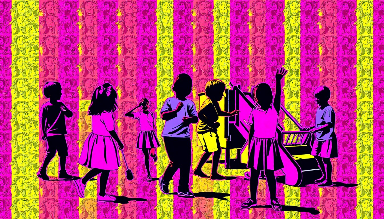 A vibrant, abstract silkscreen illustration depicting a group of children playing on a colorful playground set, with the repeated image creating a dynamic, pop art-inspired composition.
