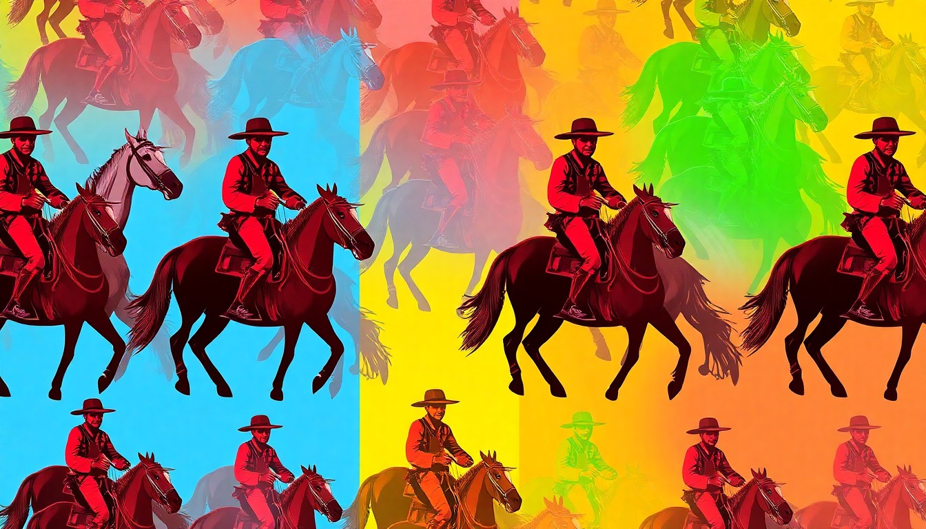 A bold, colorful silkscreen-style illustration featuring a repeating pattern of Pony Express rider figures, capturing the energy and spirit of this longstanding community event.