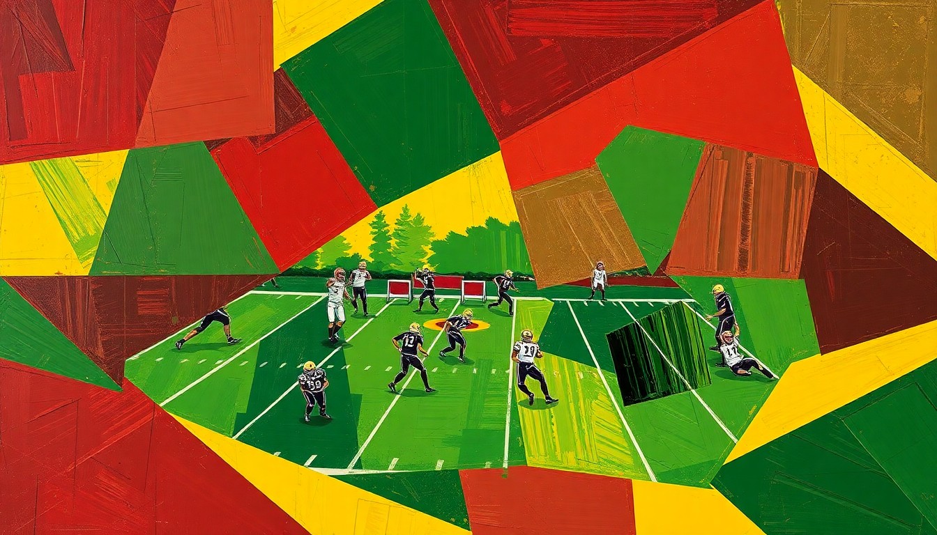 A cubist, geometric painting depicting the fragmented movements and perspectives of a high school football game or practice, with sharp planes of maroon, green, and yellow creating an abstract, energetic composition.