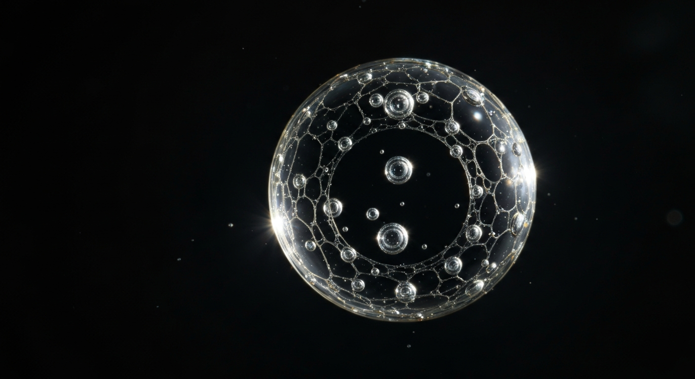 A highly detailed, translucent X-ray photograph showing the molecular structure of a water droplet, with faint outlines of microplastic particles and pharmaceutical compounds suspended within, conceptually illustrating the hidden contaminants in drinking water.