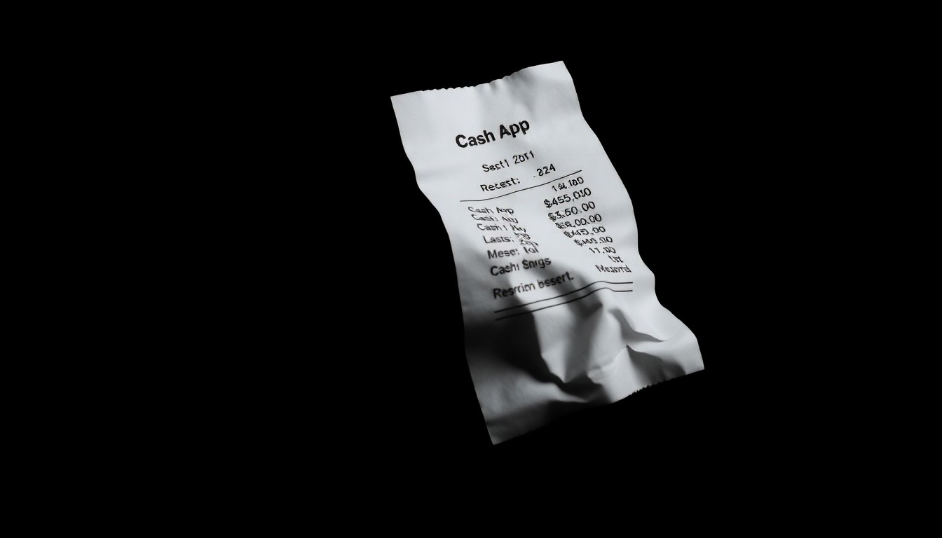 An extreme close-up photograph of a crumpled Cash App receipt, the details obscured by dramatic shadows and highlights, conceptually representing the unsettling impact of a financial fraud scheme on a local business.