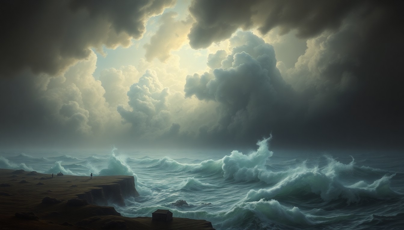 A vast, majestic landscape painting depicting a hurricane-force storm system sweeping across a coastal region, with dramatic clouds, turbulent seas, and atmospheric lighting that dwarfs any physical structures or human figures caught in the scene.