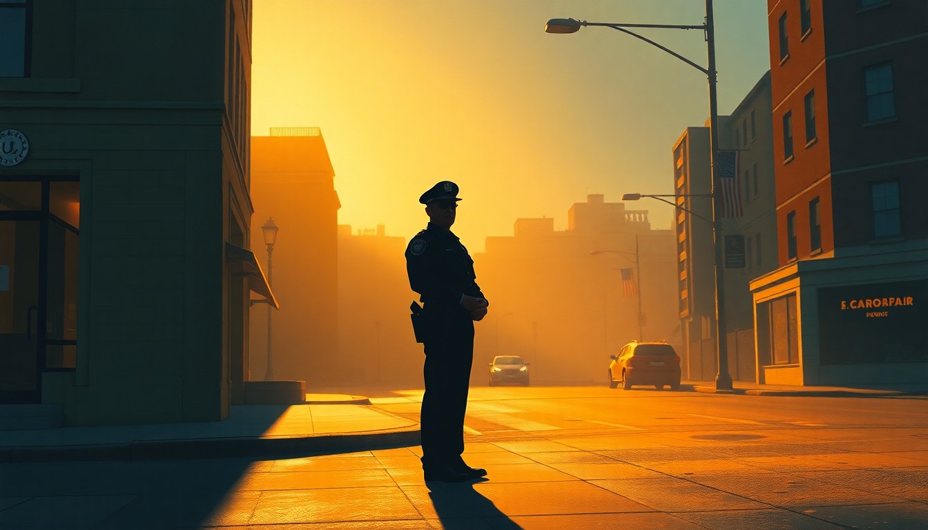 A moody, cinematic painting of a lone police officer standing on a dimly lit city street corner, the warm glow of the sun casting dramatic shadows across the scene, conveying a sense of isolation and the complex challenges facing law enforcement in navigating immigration enforcement and community relations.
