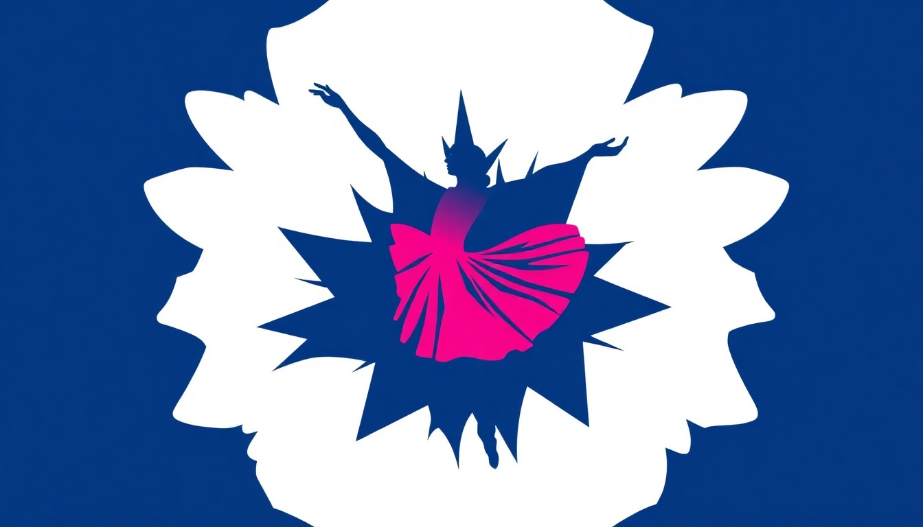 An abstract, minimalist illustration featuring sharp, angular shapes in shades of blue and pink, capturing the energy and artistry of ballet performance.